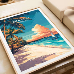 Boracay Travel Print featuring a vibrant beach scene with palm trees and a sailboat in the Philippines.