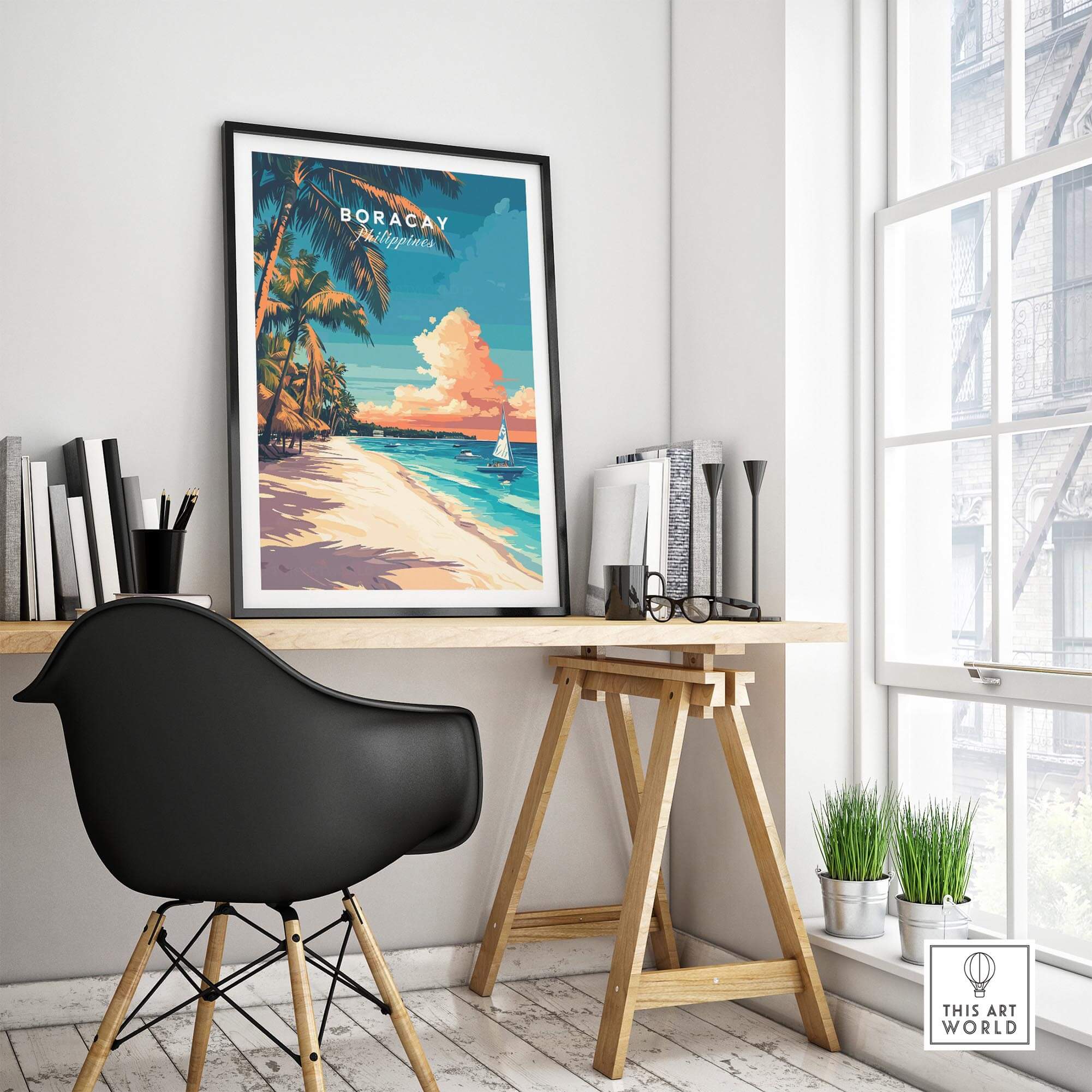 Boracay Travel Print framed in a stylish room, showcasing vibrant colors and beach scenery from the Philippines.