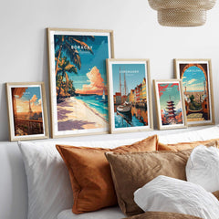 Boracay Travel Print displayed with other city posters on a stylish wall decor, showcasing paradise vibes.