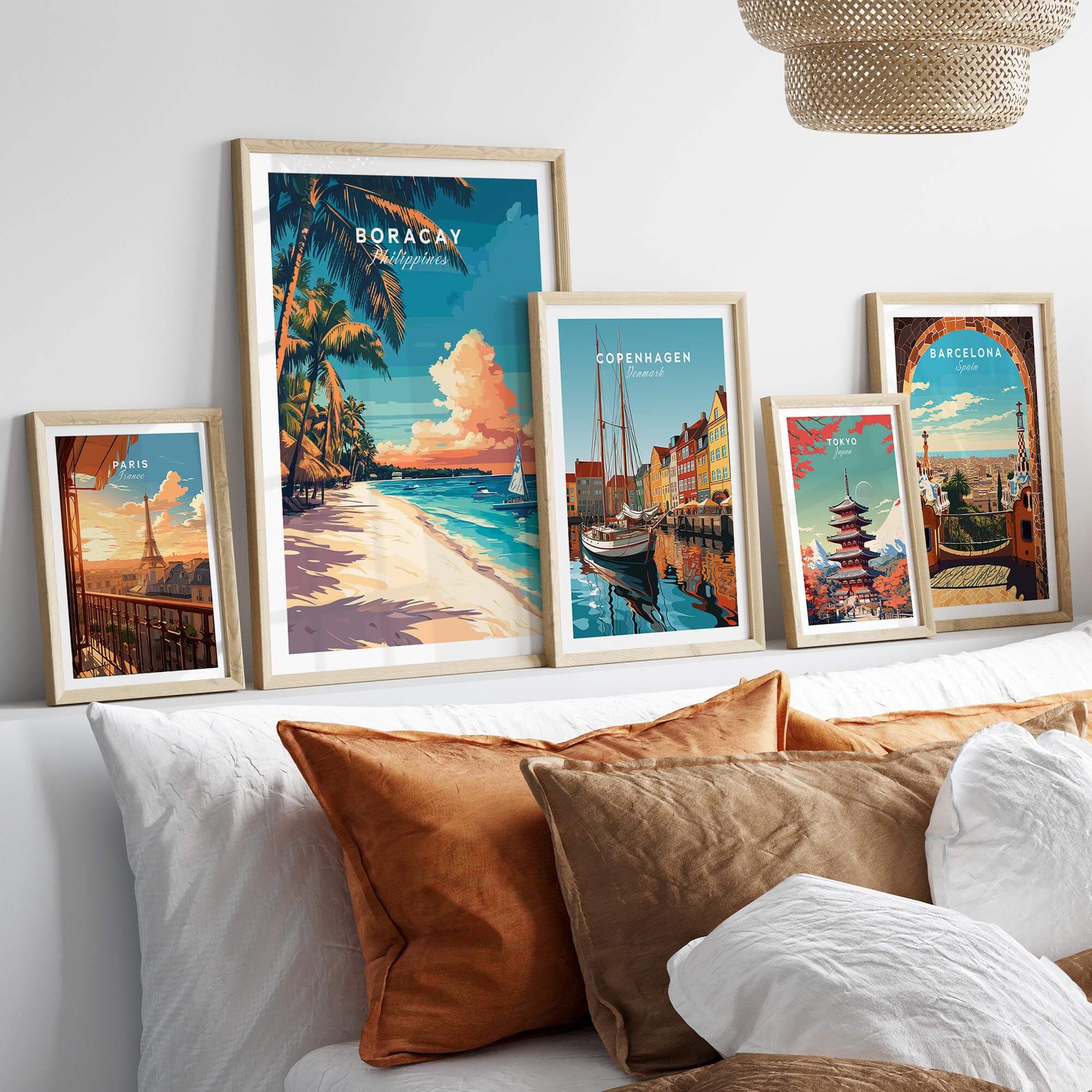 Boracay Travel Print displayed with other city posters on a stylish wall decor, showcasing paradise vibes.