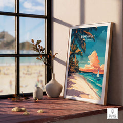 Boracay Travel Print displayed in a sunlit room with beach view, perfect for travel lovers and home decor.