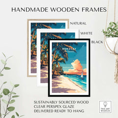 Handmade wooden frames for Boracay Travel Print in natural, white, and black finishes, made of sustainably sourced wood.