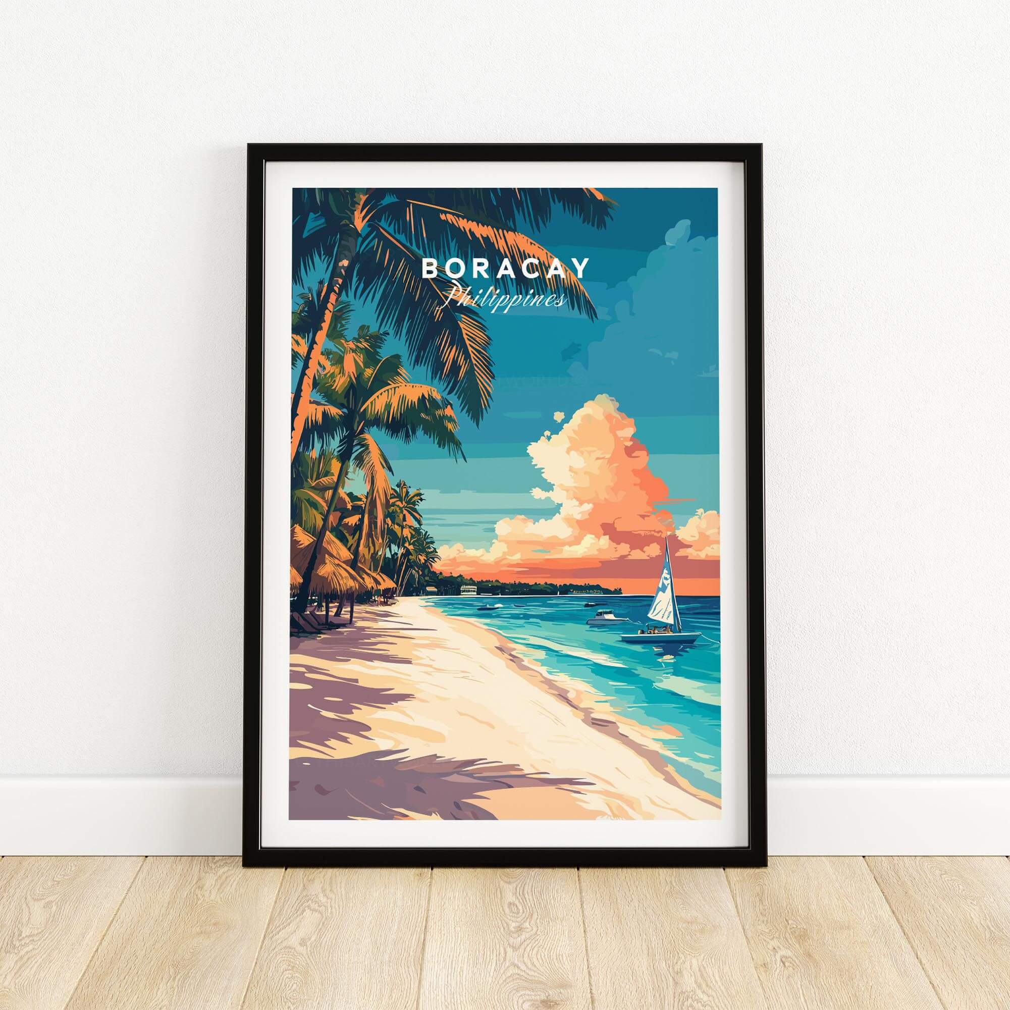 Boracay Travel Print showcasing a vibrant beach scene in the Philippines with palm trees and a sailboat.