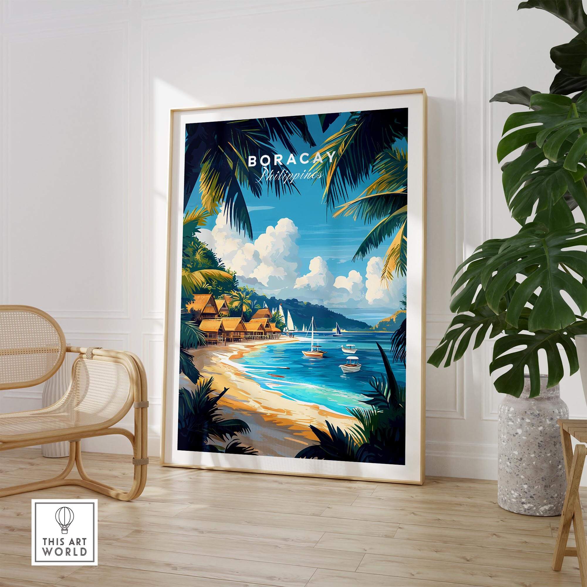 Boracay Wall Art showcasing a vibrant beach scene with tropical elements and iconic Boracay landmarks.