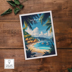 Boracay Wall Art featuring a vibrant illustration of Boracay Island's beach and huts with tropical scenery.