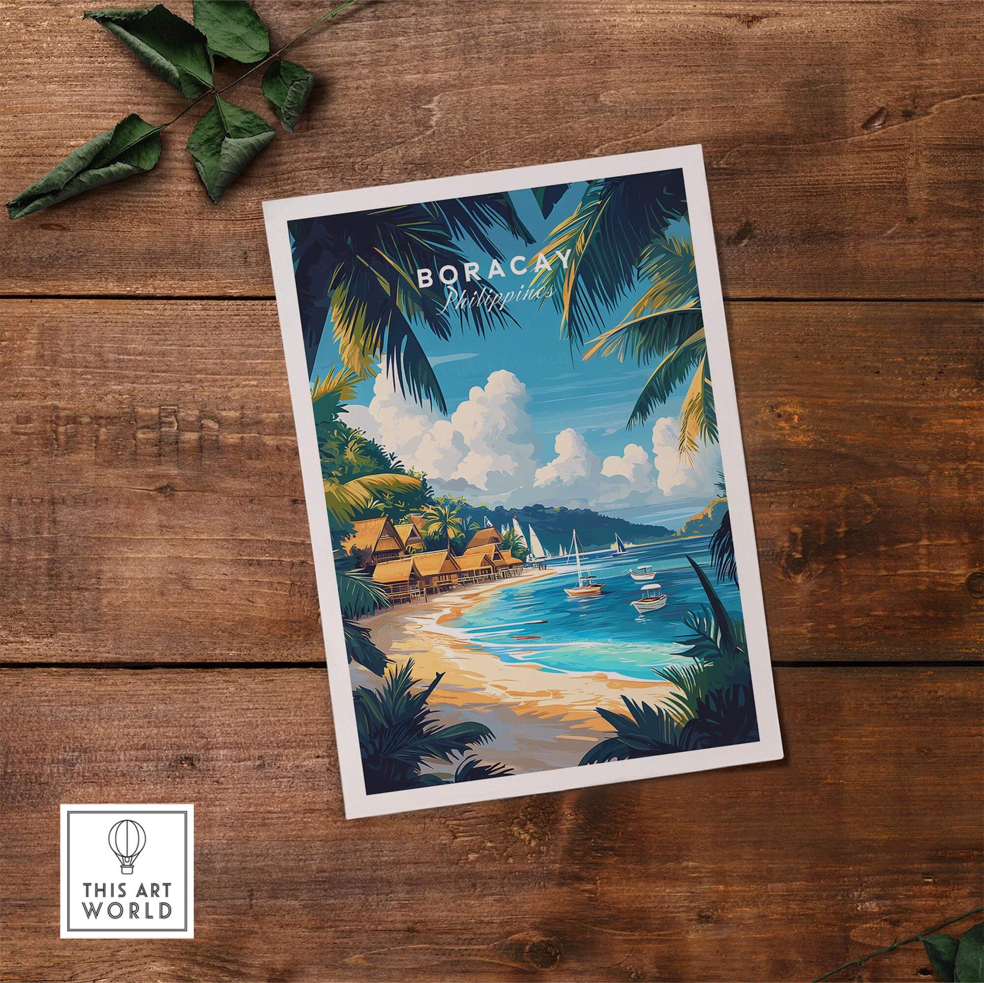 Boracay Wall Art featuring a vibrant illustration of Boracay Island's beach and huts with tropical scenery.