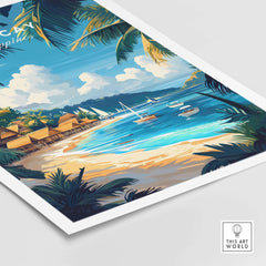 Boracay Wall Art featuring a vibrant tropical beach scene with boats and palm trees.