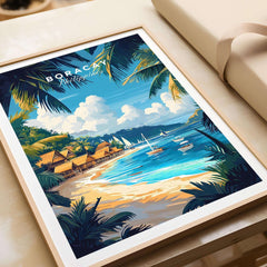 Boracay Wall Art featuring a stunning illustration of Boracay Island's beach and huts, ideal for tropical decor.