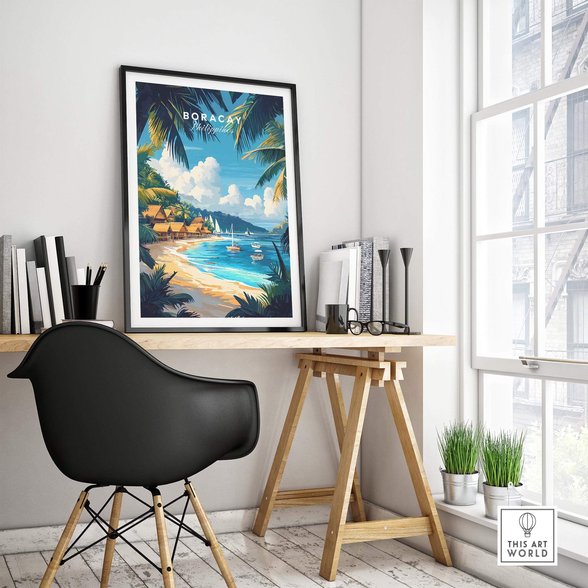 Boracay Wall Art featuring a vibrant beach illustration in a modern office setting.
