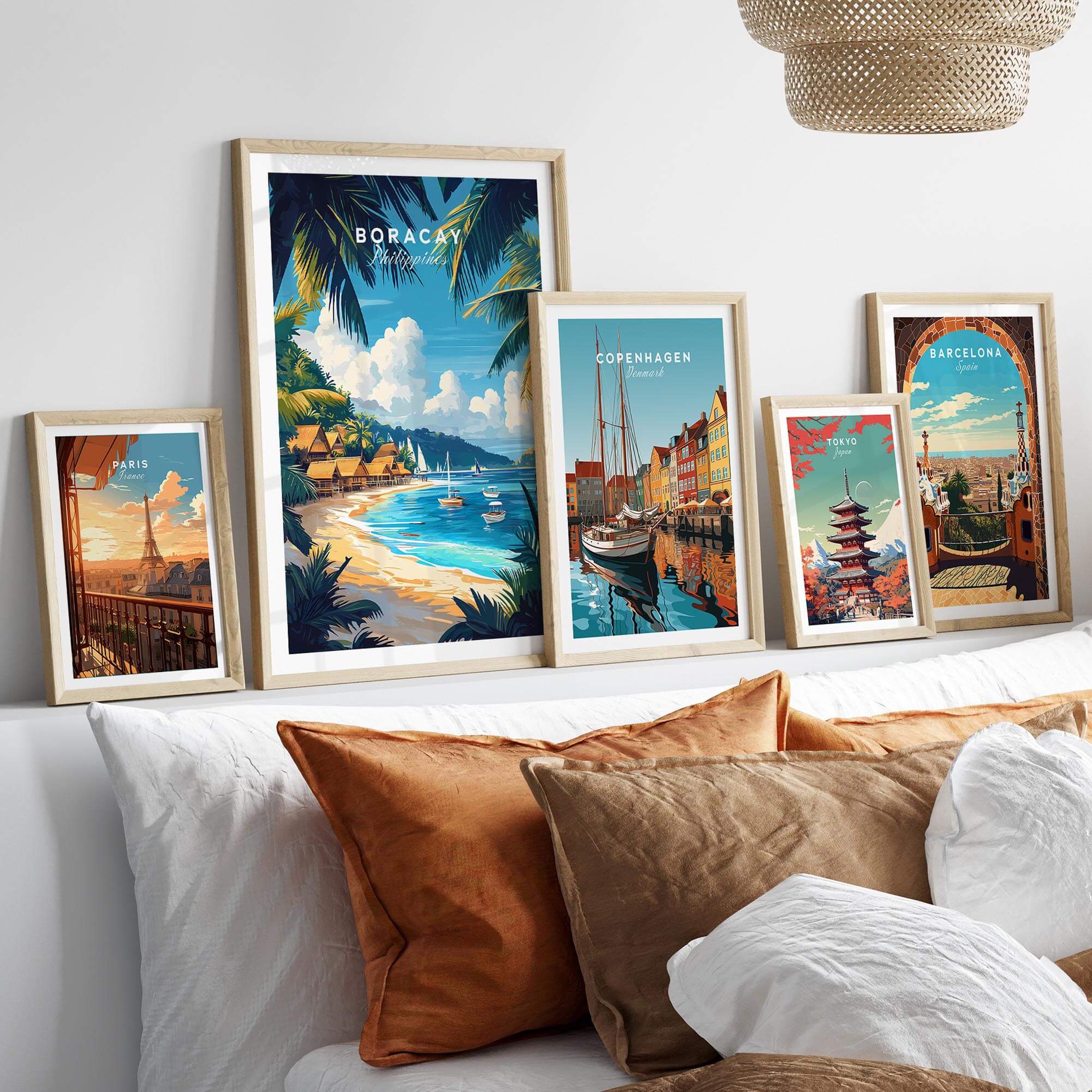 Boracay Wall Art featuring vibrant travel posters of tropical landscapes and iconic landmarks in a stylish arrangement.