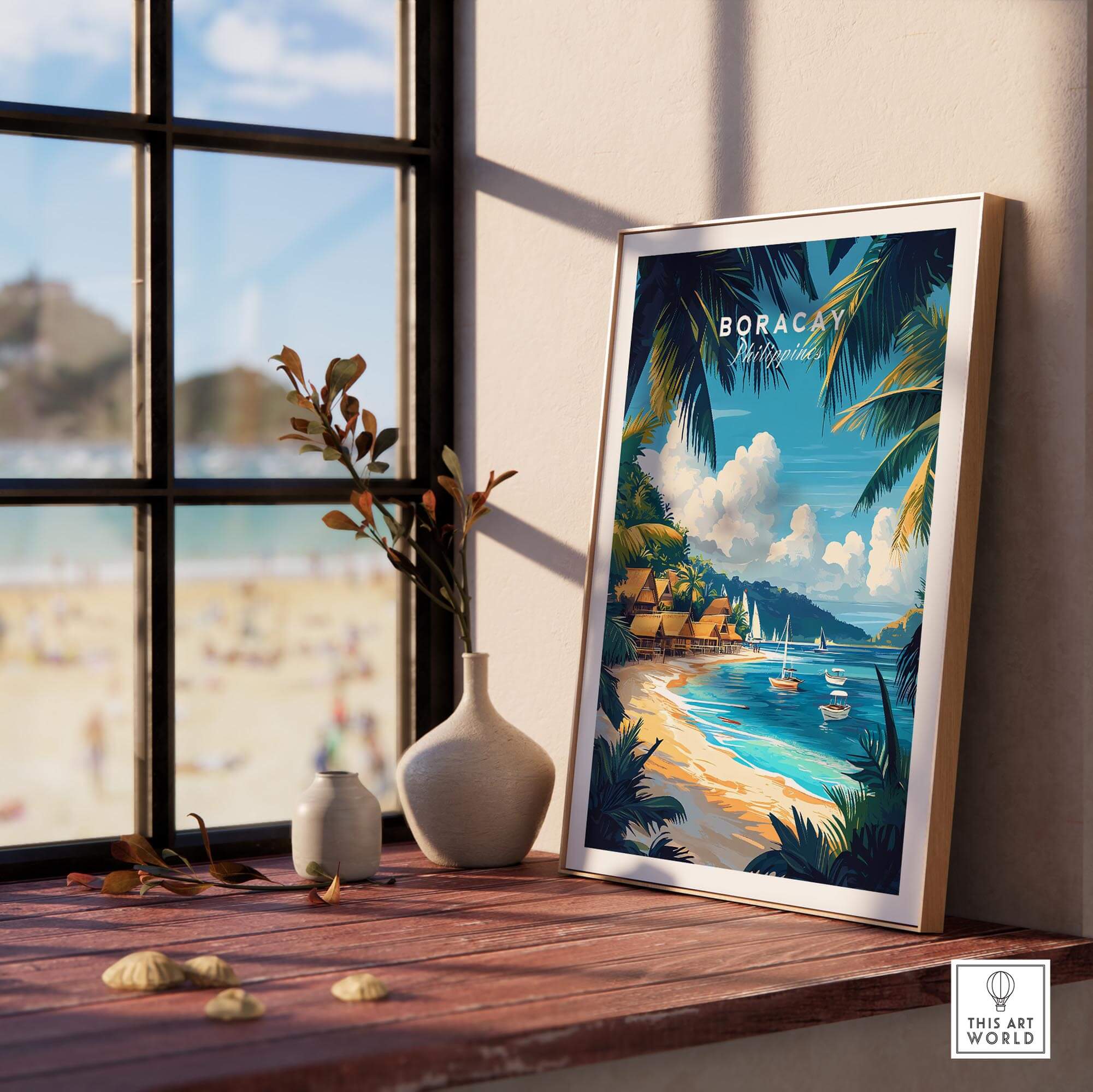 Boracay Wall Art displayed in a sunny room, featuring vibrant beach scenery and island paradise illustrations.
