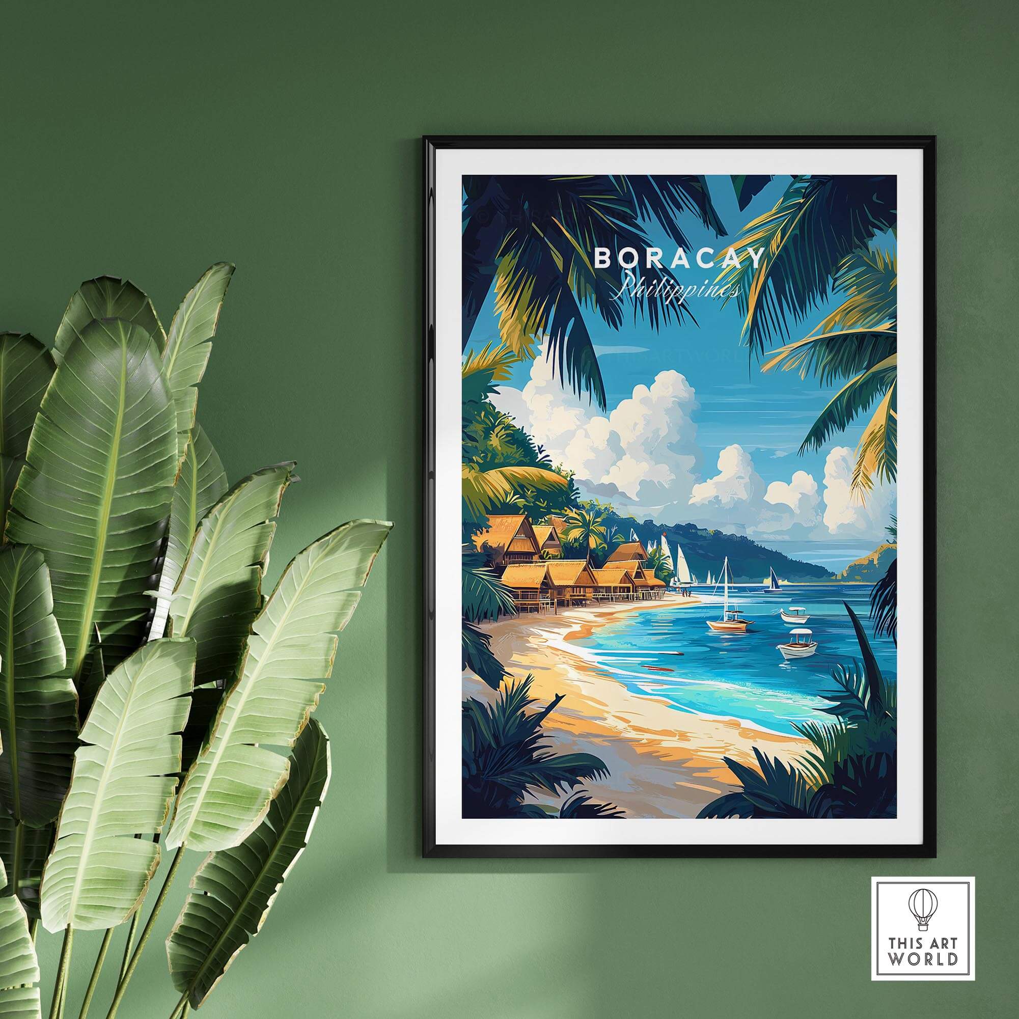 Boracay Wall Art showcasing a vibrant beach scene with boats and tropical landscapes, perfect for bringing vacation vibes home.