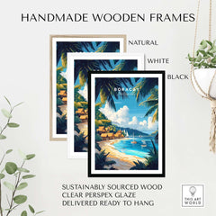 Boracay Wall Art framed in natural, white, and black handmade wooden frames, showcasing a tropical beach scene.
