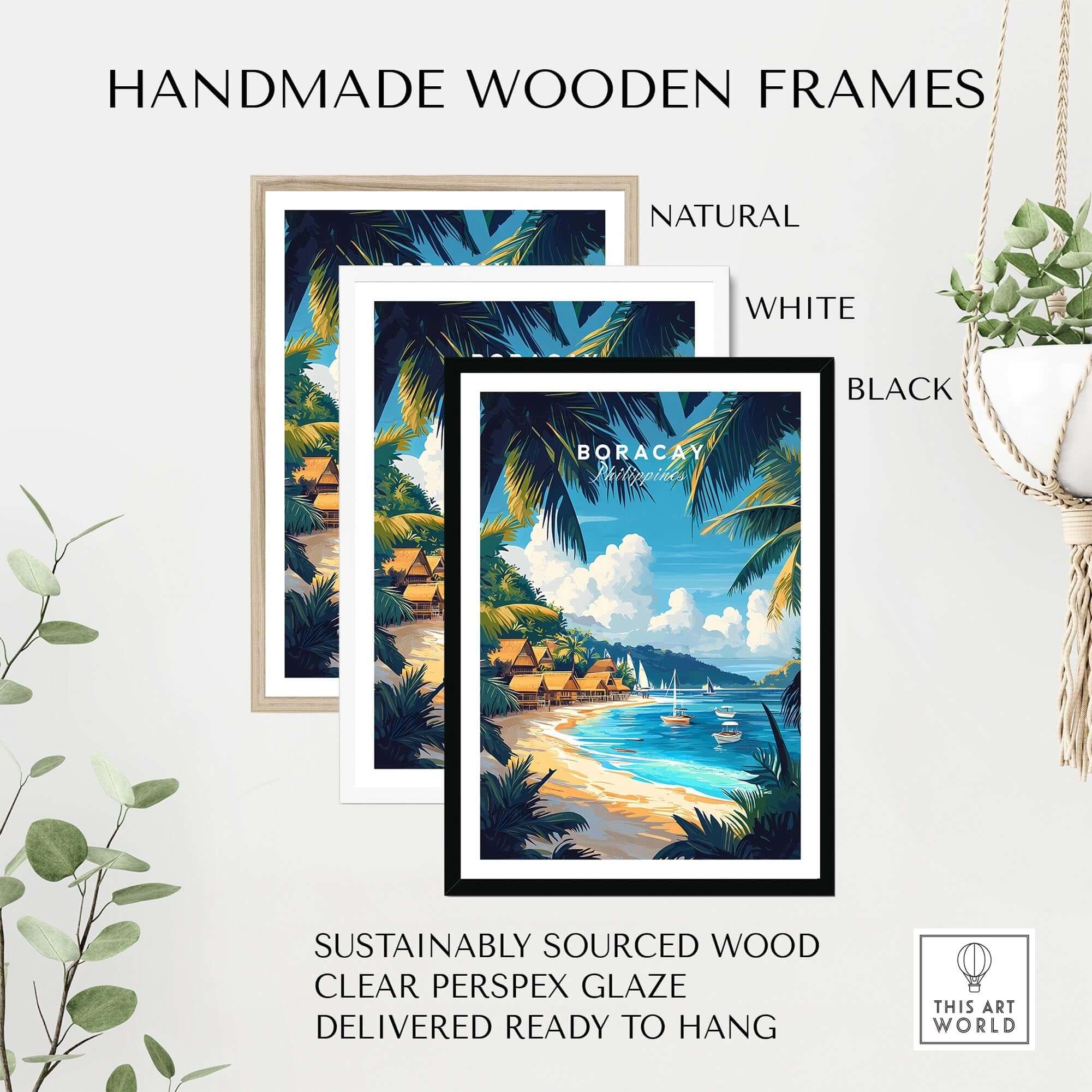 Boracay Wall Art framed in natural, white, and black handmade wooden frames, showcasing a tropical beach scene.