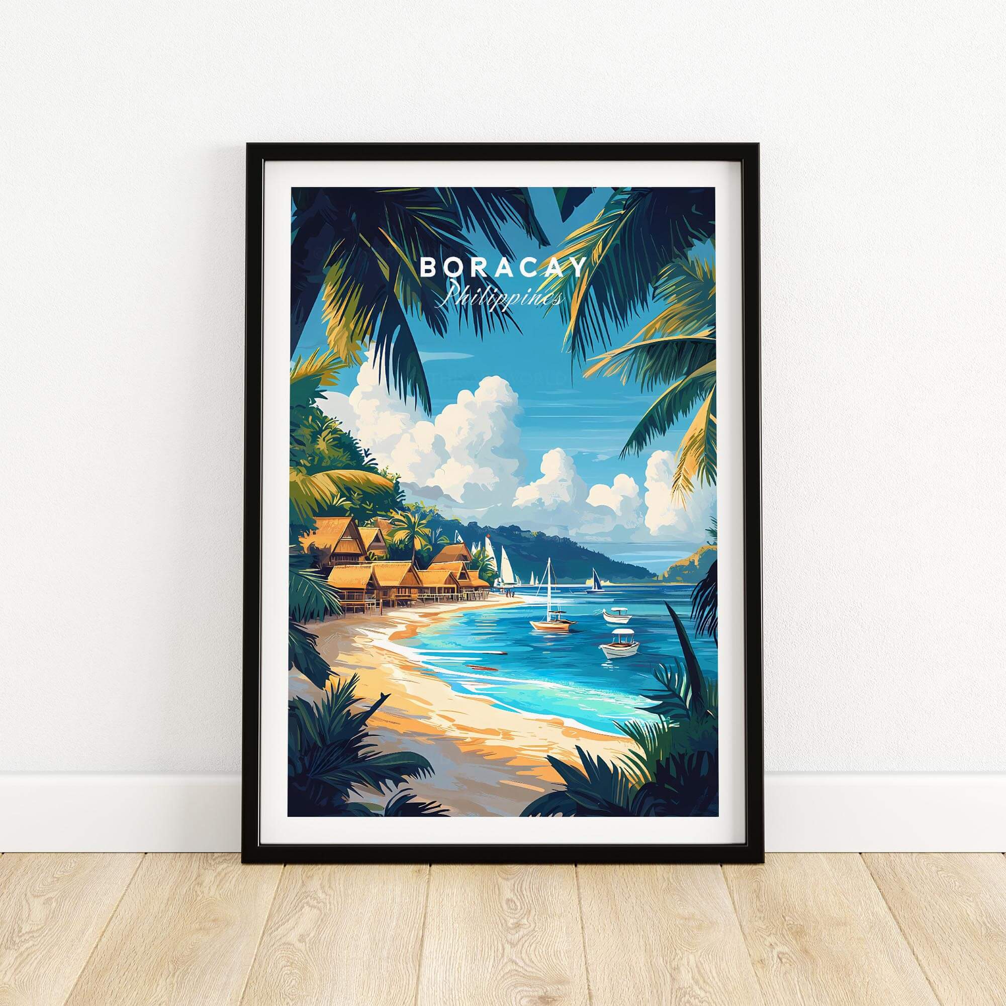 Boracay Wall Art featuring a vibrant tropical beach scene with palm trees and boats.
