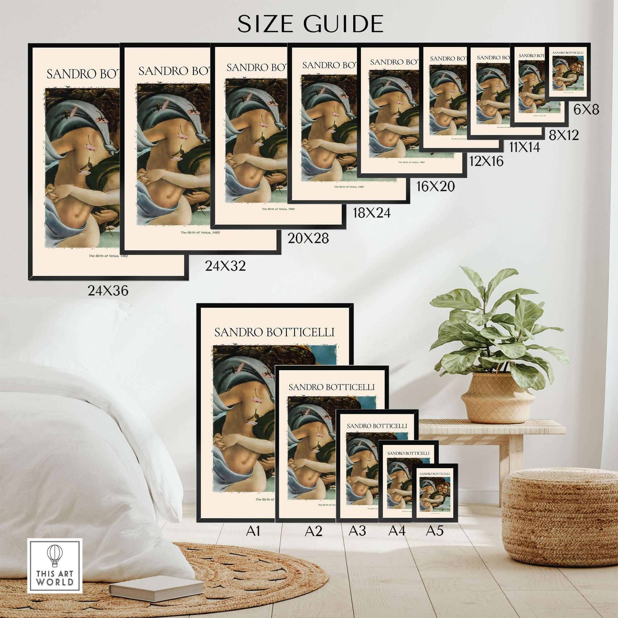 Botticelli Birth of Venus Detail Zephyr Aura Art Print Renaissance Mythology Poster size guide displayed on a wall.