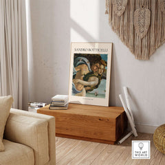 Botticelli Birth of Venus Detail Zephyr Aura Art Print Renaissance Mythology Poster displayed in a modern living room.