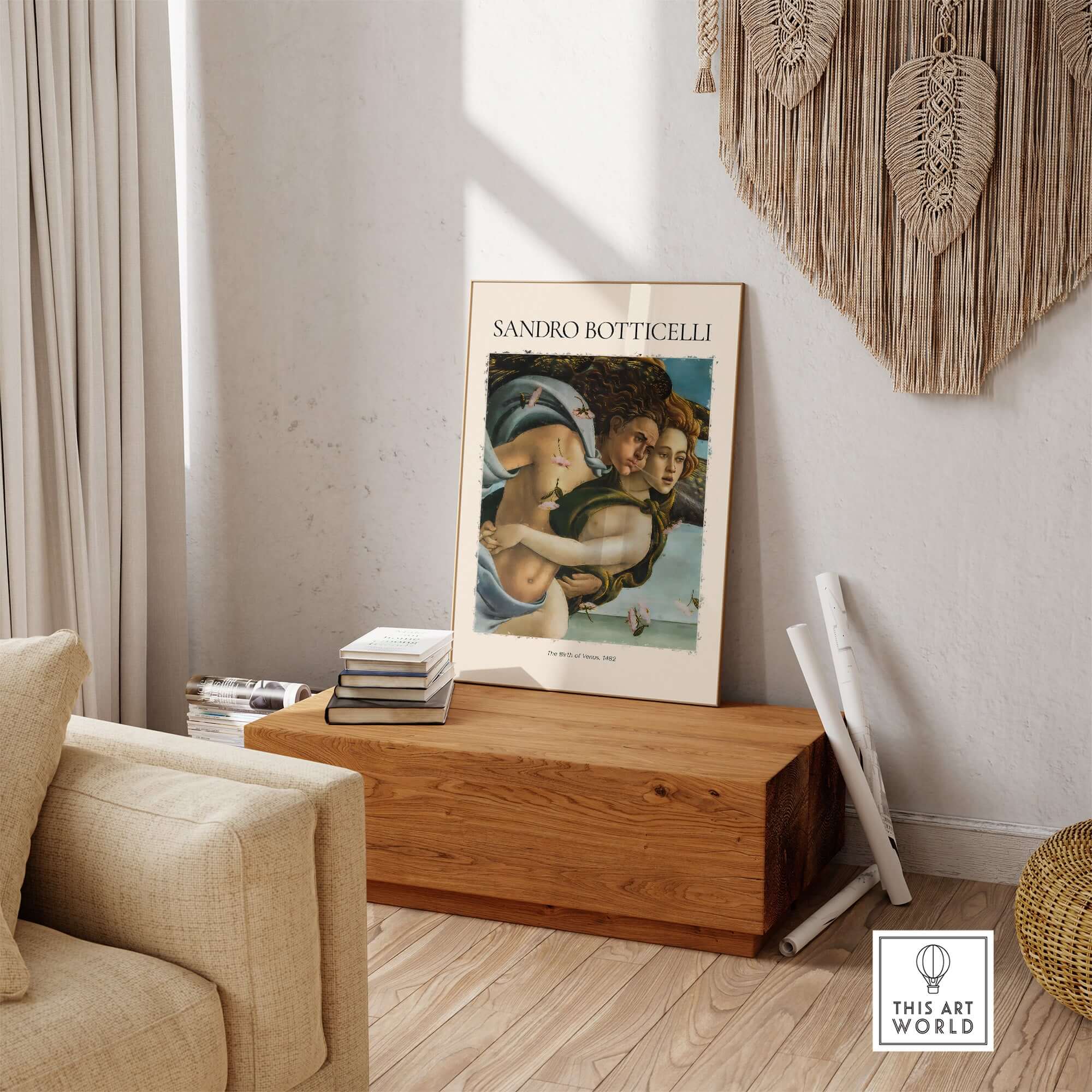 Botticelli Birth of Venus Detail Zephyr Aura Art Print Renaissance Mythology Poster displayed in a modern living room.