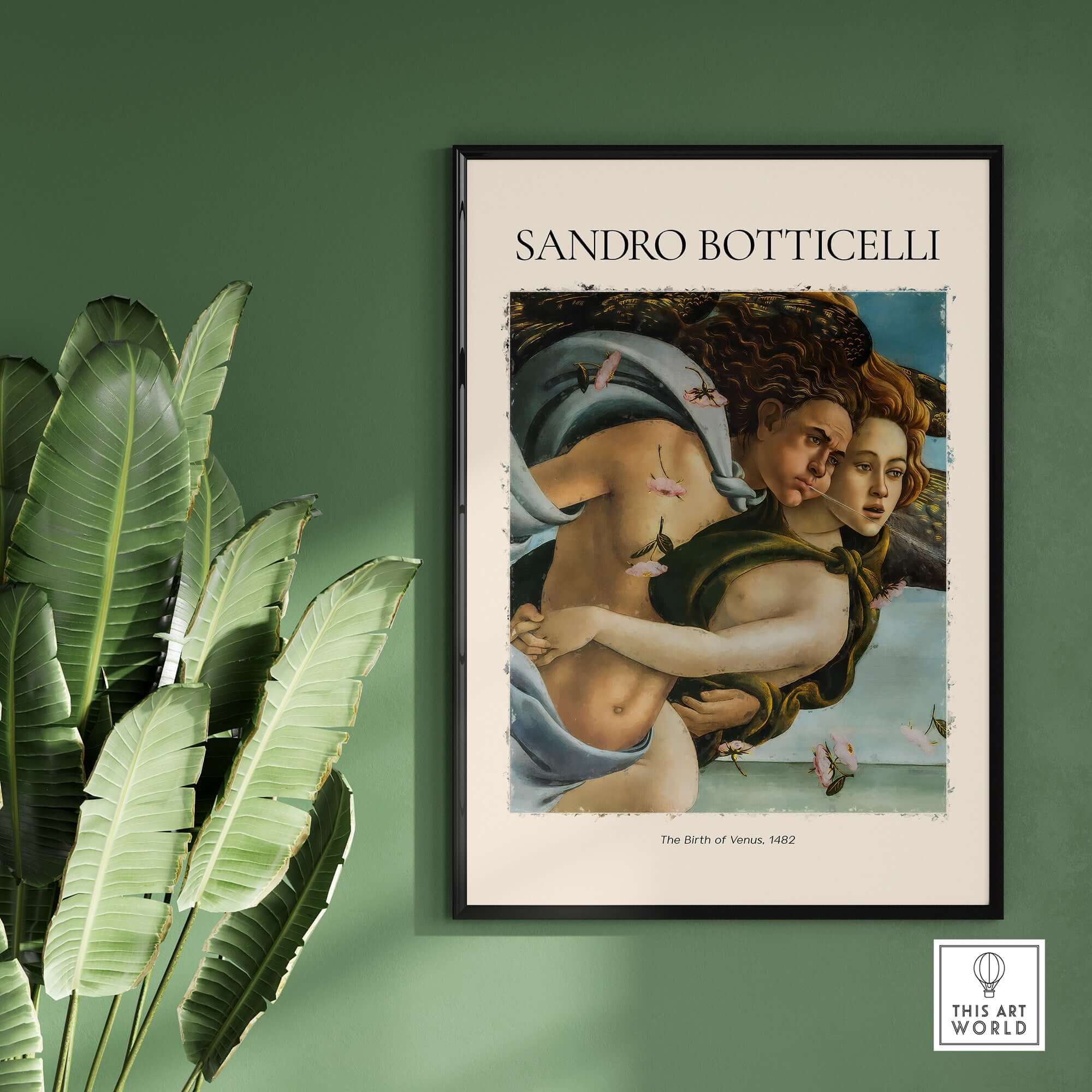 Botticelli Birth of Venus Detail Zephyr Aura Art Print Renaissance Mythology Poster displayed on a green wall.