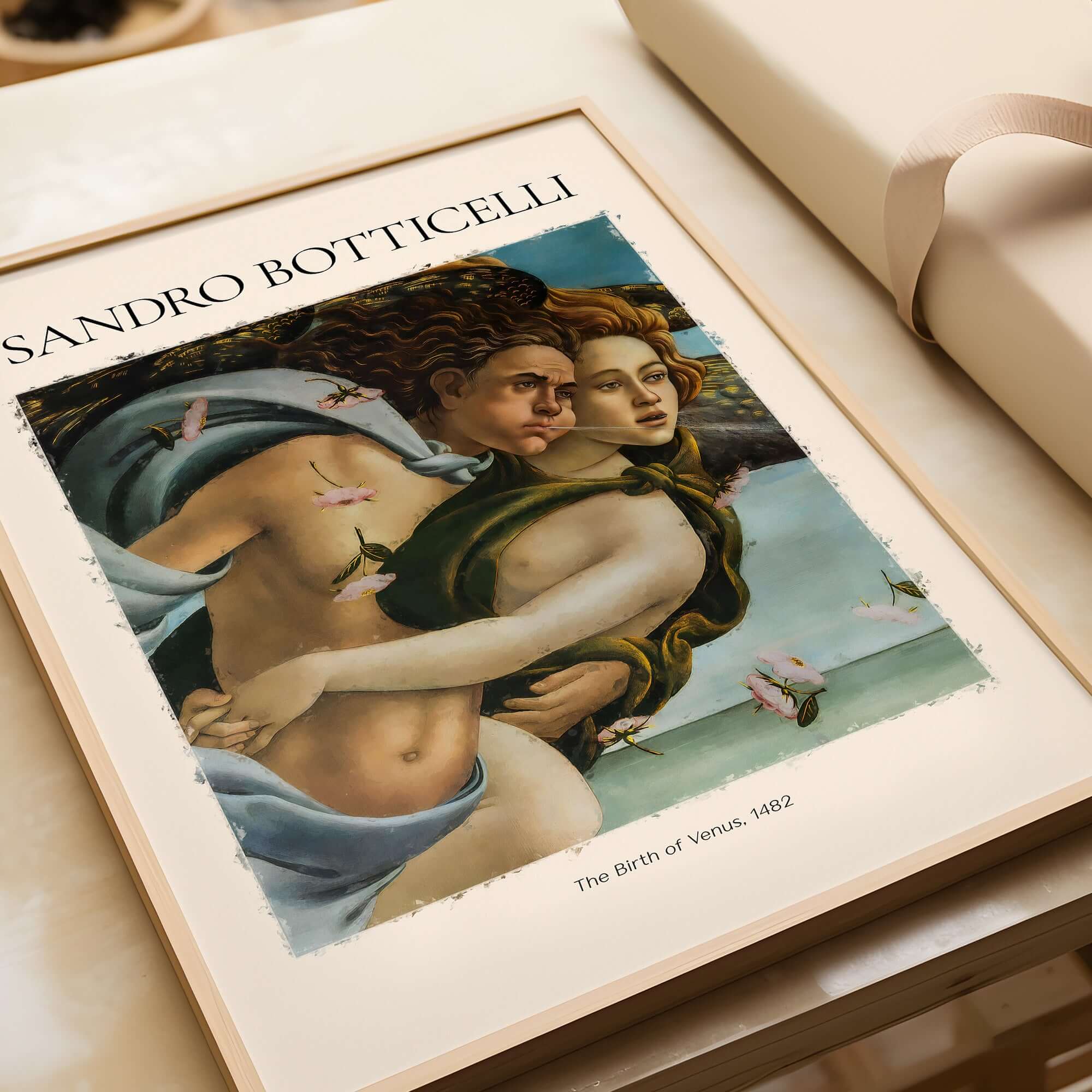 Botticelli Birth of Venus Detail Zephyr Aura Art Print Renaissance Mythology Poster framed art print with dynamic figures.