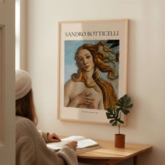 Botticelli Birth of Venus Face Detail Art Print Renaissance Iconic Poster Wall Art displayed in a cozy study setting.