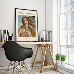 Botticelli Birth of Venus Face Detail Art Print Renaissance Iconic Poster Wall Art displayed in a modern workspace.