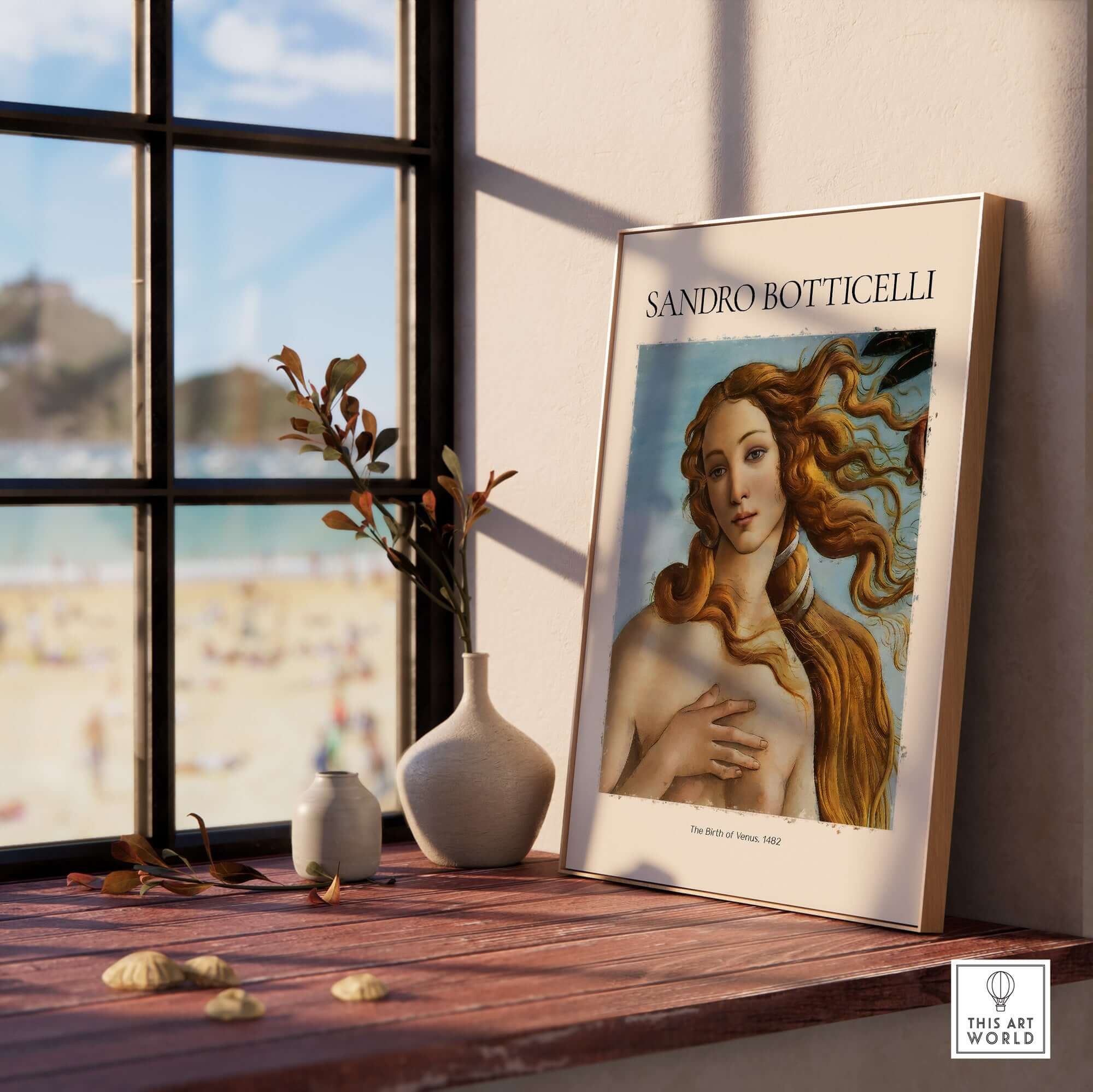 Botticelli Birth of Venus Face Detail Art Print Renaissance Iconic Poster Wall Art displayed on a wooden table by a window.