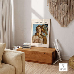 Botticelli Birth of Venus Face Detail Art Print Renaissance Iconic Poster Wall Art displayed in a stylish living room setting.