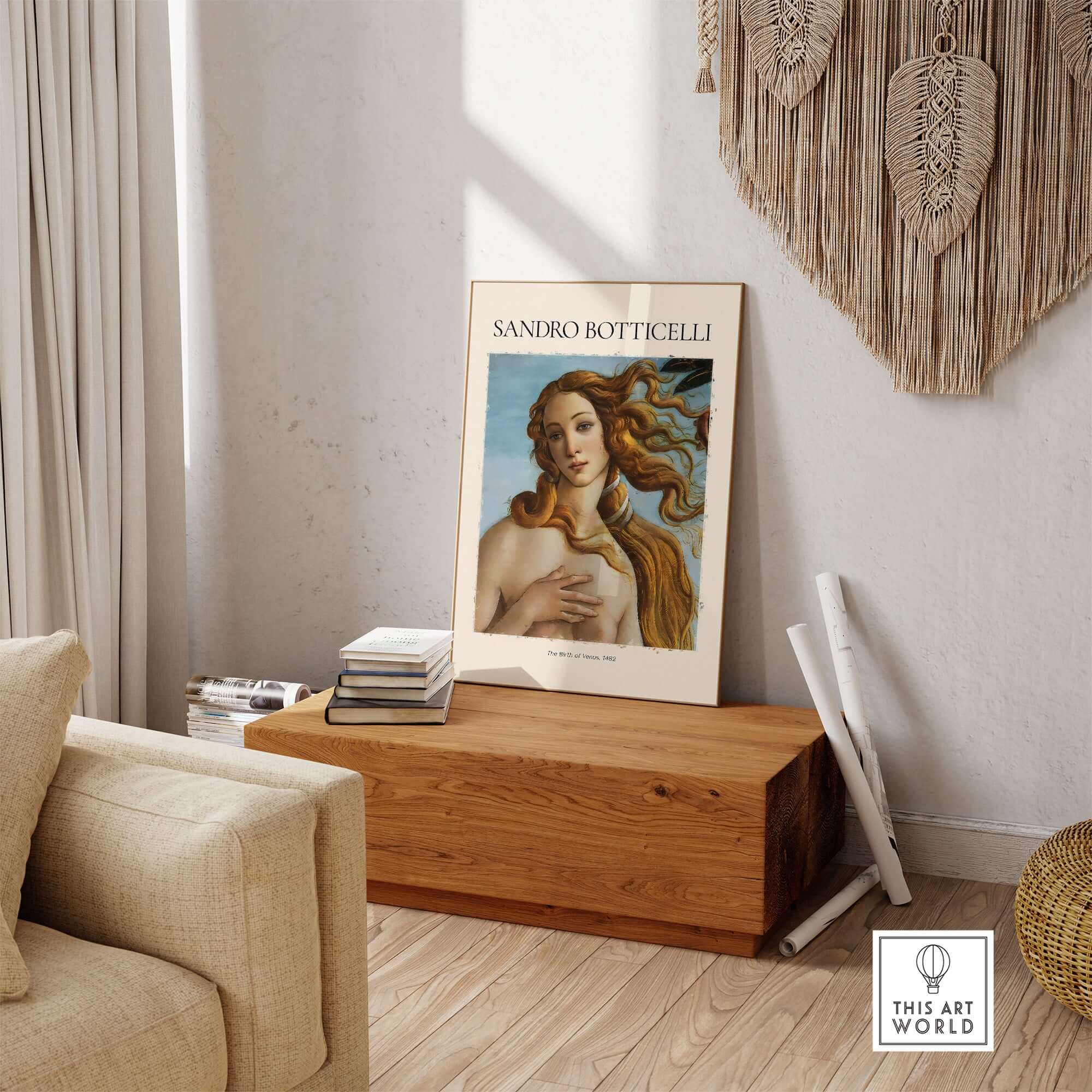 Botticelli Birth of Venus Face Detail Art Print Renaissance Iconic Poster Wall Art displayed in a stylish living room setting.