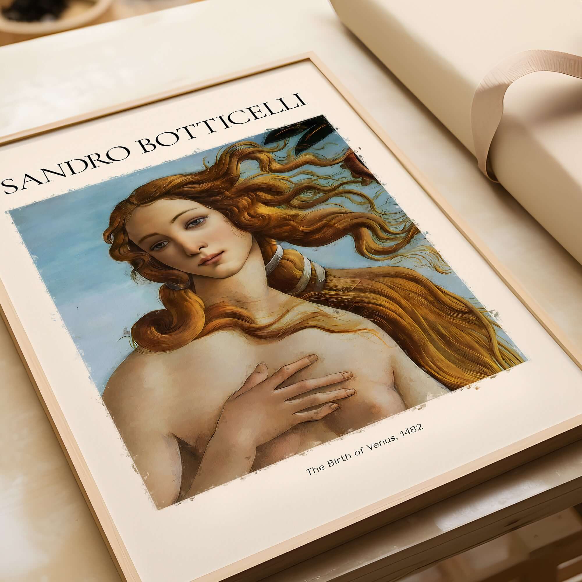Botticelli Birth of Venus Face Detail Art Print Renaissance Iconic Poster Wall Art featuring Venus's serene face and golden hair.