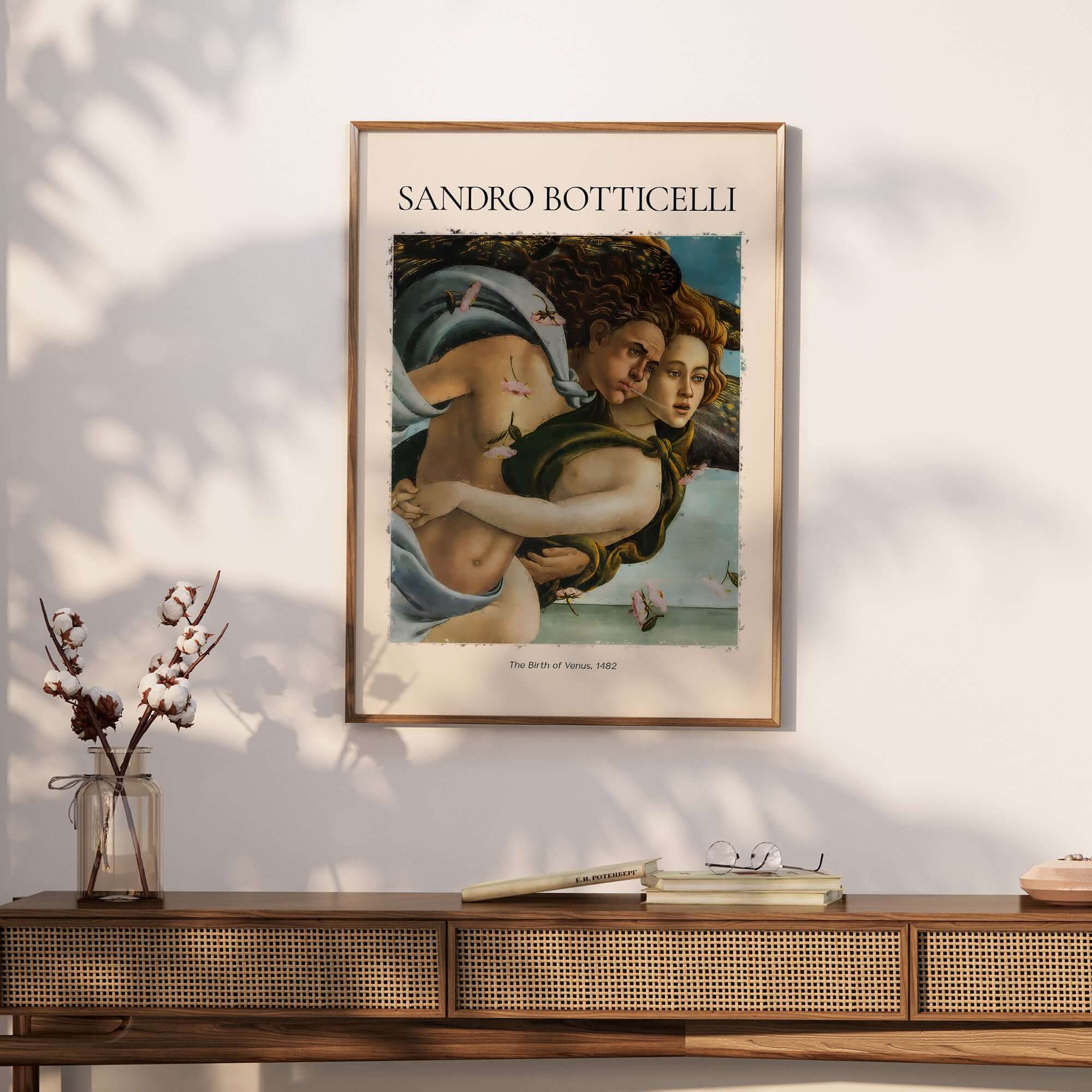 Botticelli Birth of Venus Detail Zephyr Aura Art Print Renaissance Mythology Poster displayed on a wall.