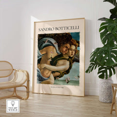 Botticelli Birth of Venus Detail Zephyr Aura Art Print Renaissance Mythology Poster in a stylish interior setting.