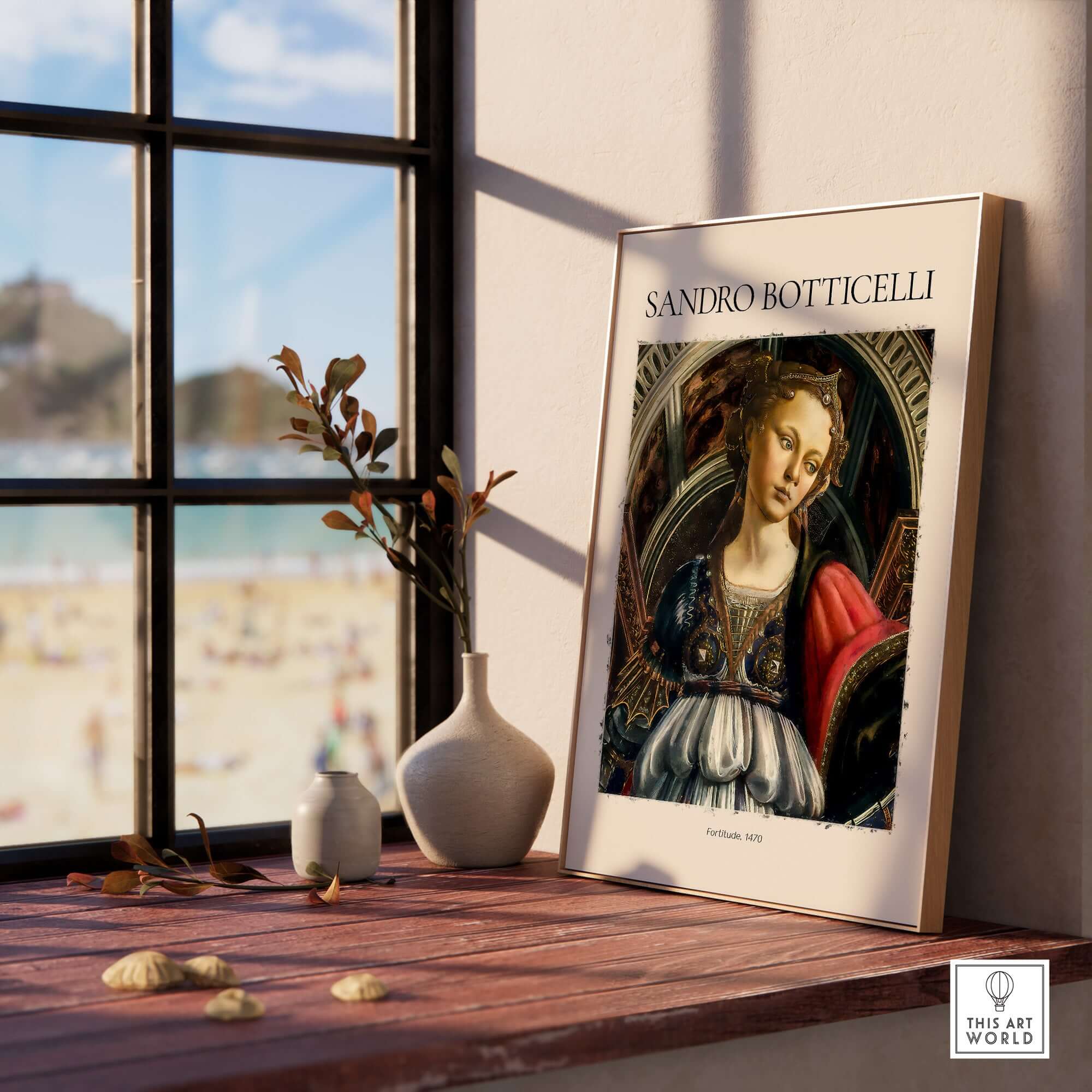 Botticelli Fortitude 1470 Allegory Virtue Art Print Renaissance Poster Wall Decor displayed on a sunlit shelf.