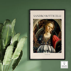 Botticelli Fortitude 1470 Allegory Virtue Art Print Renaissance Poster Wall Decor framed on a wall with plants.