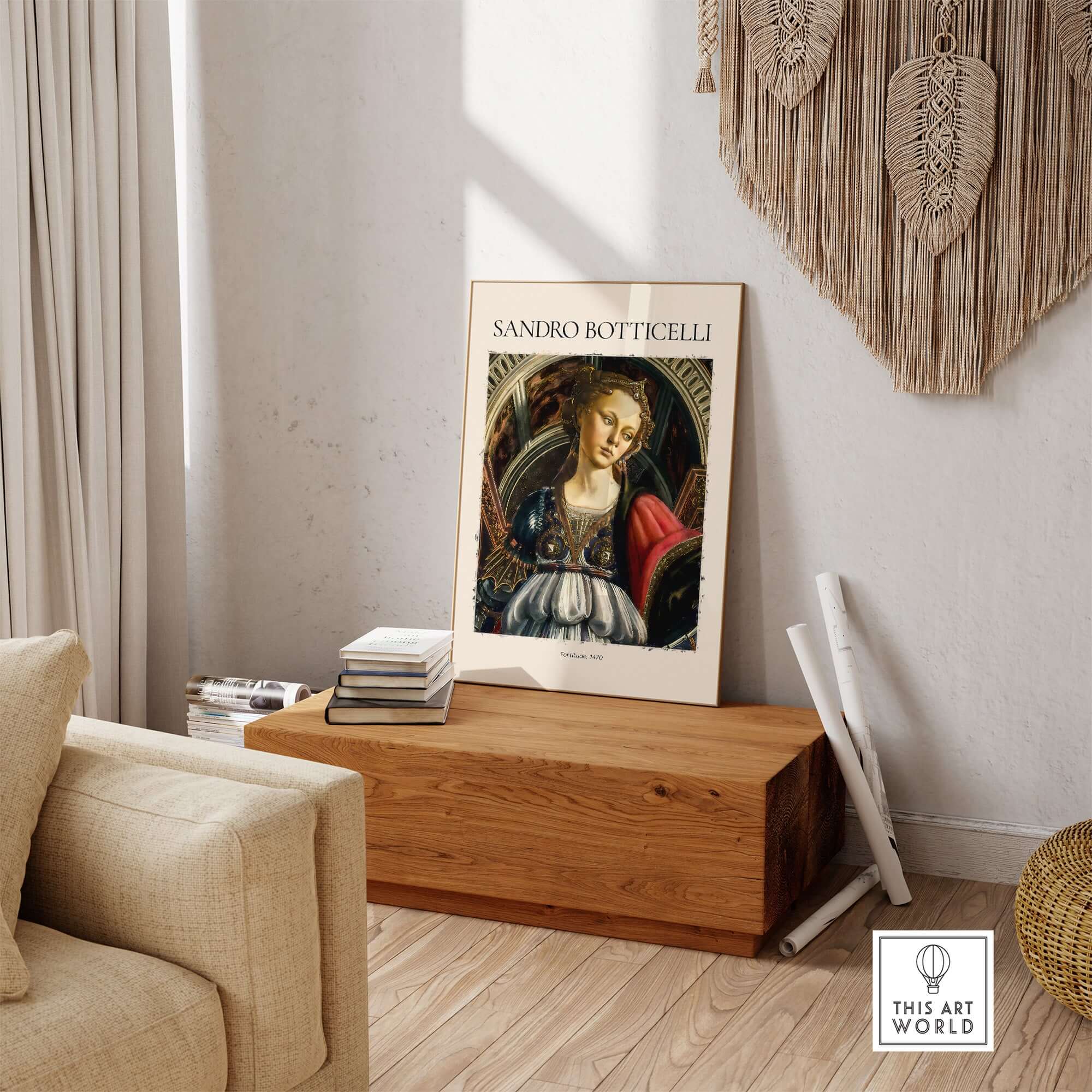 Botticelli Fortitude 1470 Allegory Virtue Art Print Renaissance Poster Wall Decor displayed in a stylish interior setting.