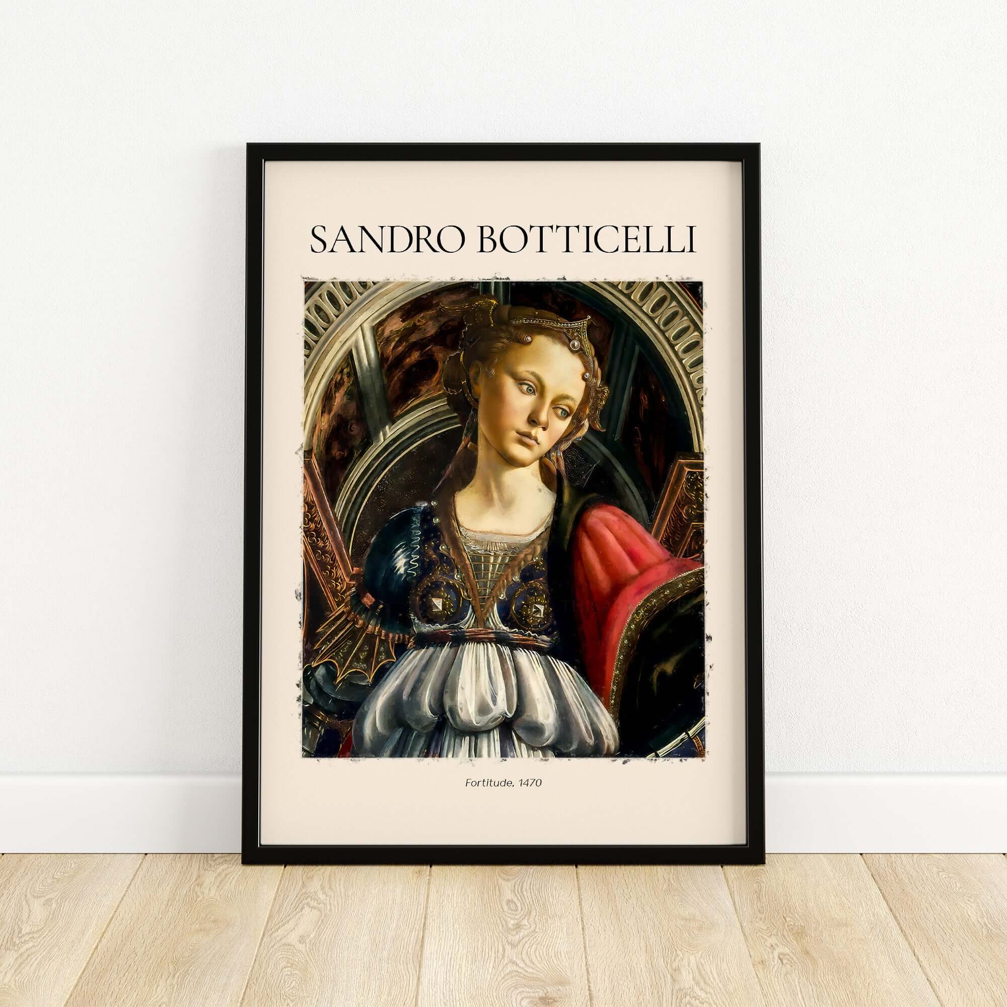 Botticelli Fortitude 1470 Allegory Virtue Art Print Renaissance Poster Wall Decor framed in a modern setting.