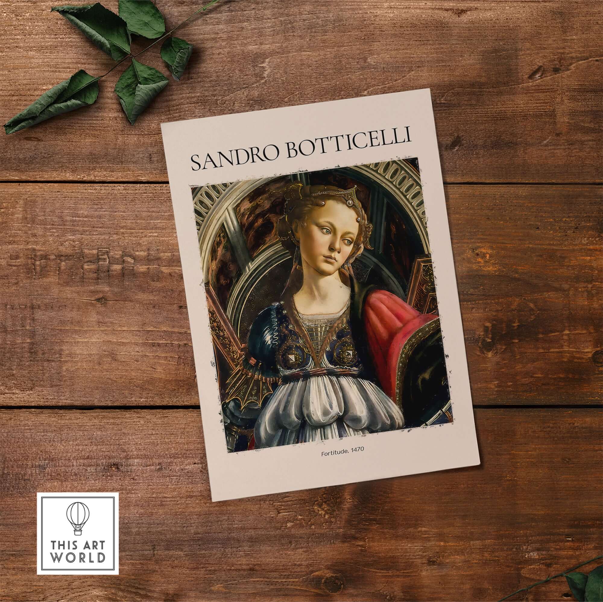 Botticelli Fortitude 1470 Allegory Virtue Art Print Renaissance Poster Wall Decor displayed on wooden background.