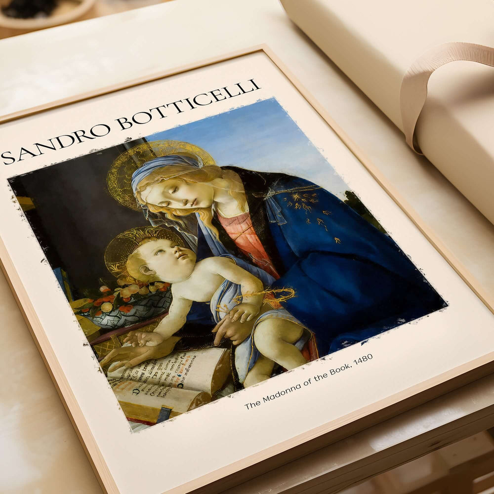 Botticelli Madonna of the Book Art Print Virgin Mary Child Religious Poster Wall Art displayed in a frame.