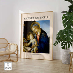 Botticelli Madonna of the Book Art Print Virgin Mary Child Religious Poster Wall Art displayed in a modern interior.