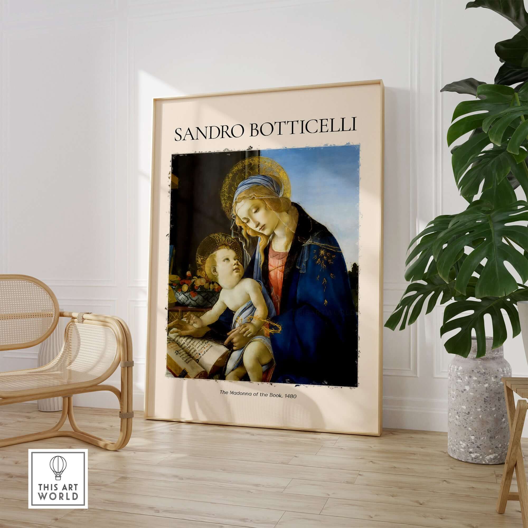 Botticelli Madonna of the Book Art Print Virgin Mary Child Religious Poster Wall Art displayed in a modern interior.