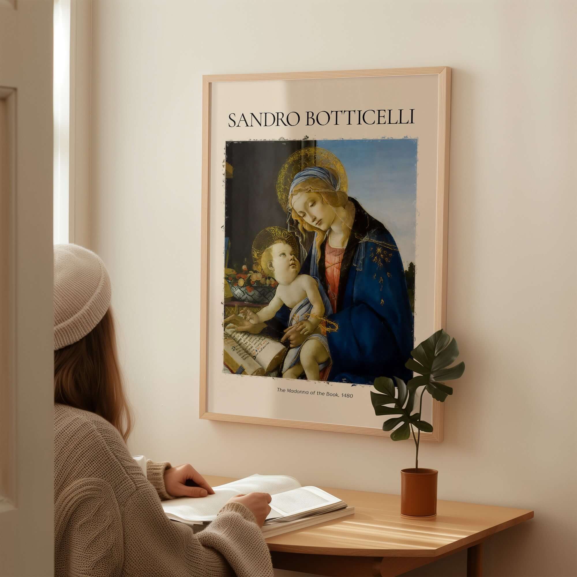 Botticelli Madonna of the Book Art Print Virgin Mary Child Religious Poster Wall Art displayed on a wall.