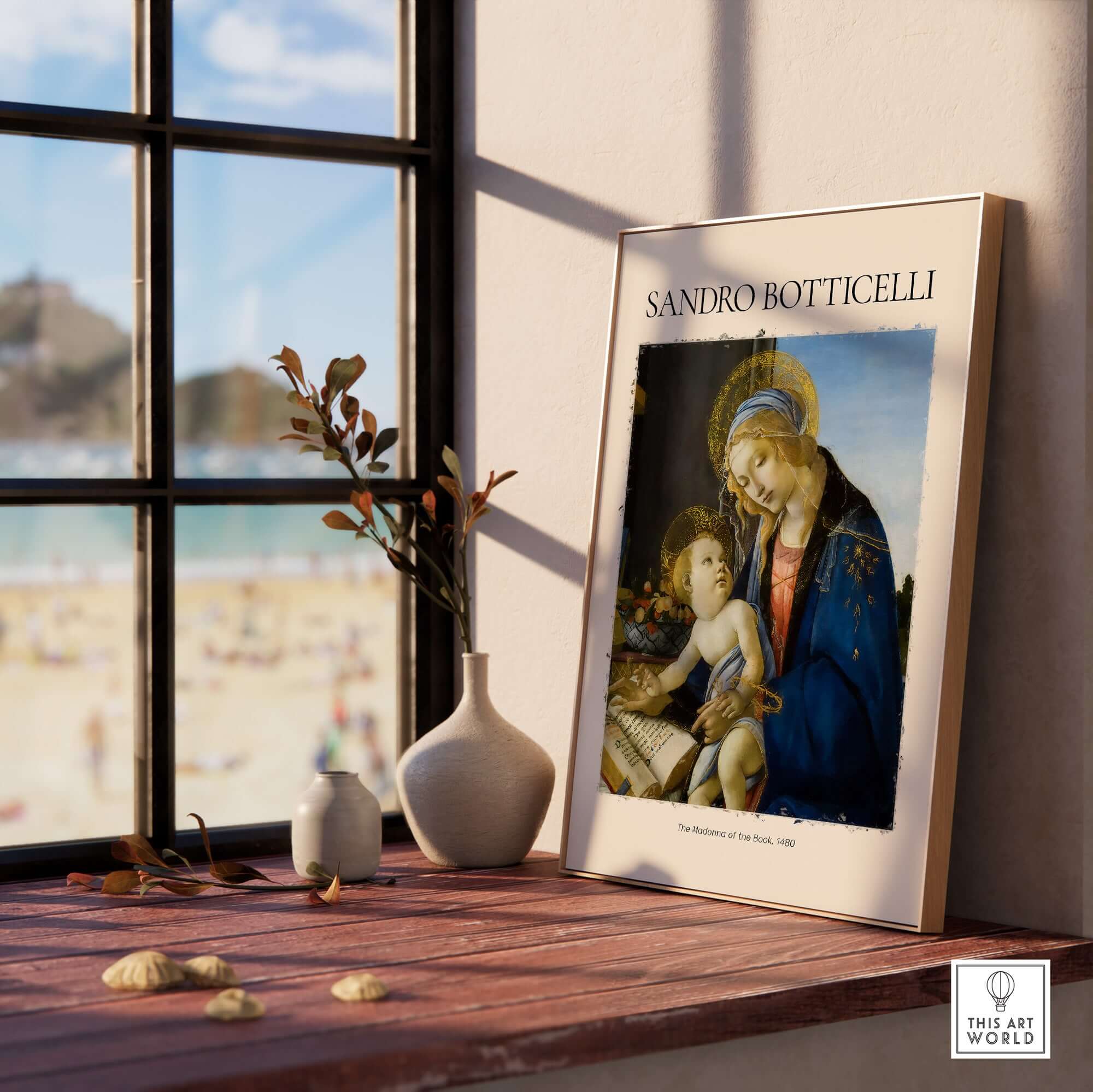 Botticelli Madonna of the Book Art Print Virgin Mary Child Religious Poster Wall Art displayed in a sunny room.