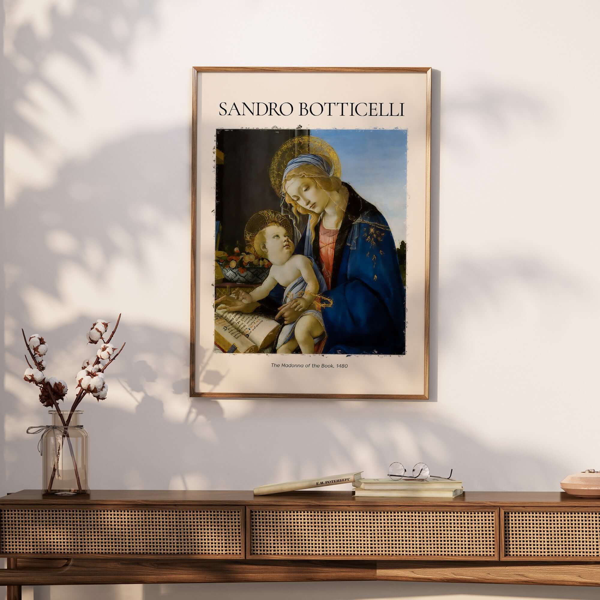 Botticelli Madonna of the Book Art Print Virgin Mary Child Religious Poster Wall Art displayed in a modern room.