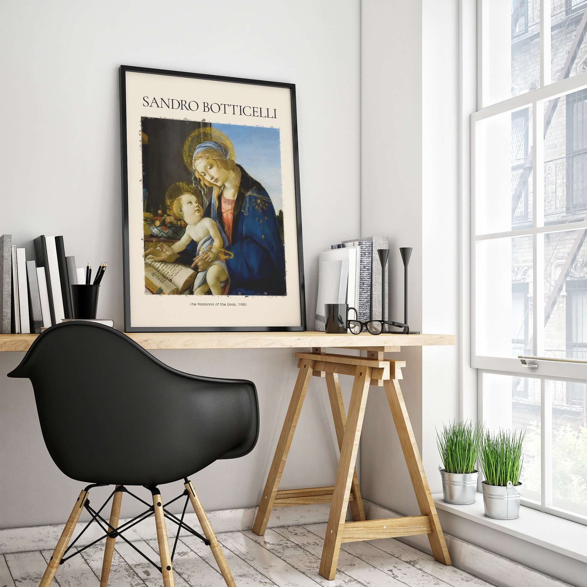 Botticelli Madonna of the Book Art Print Virgin Mary Child Religious Poster Wall Art in a modern office setting.