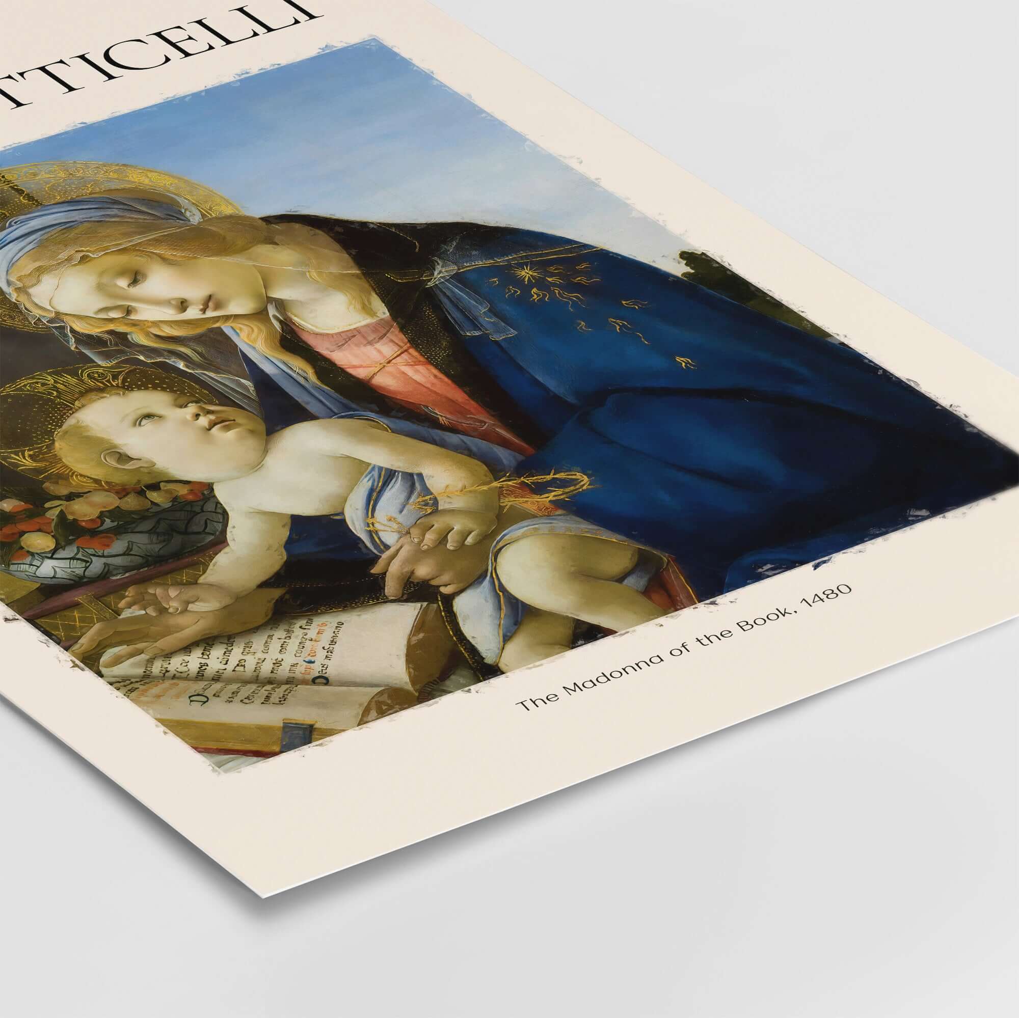 Botticelli Madonna of the Book Art Print Virgin Mary Child Religious Poster Wall Art featuring the serene Virgin Mary and Christ child.