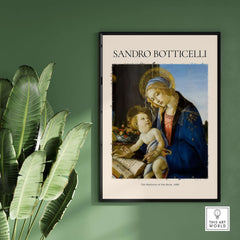 Botticelli Madonna of the Book Art Print Virgin Mary Child Religious Poster Wall Art framed on green wall.