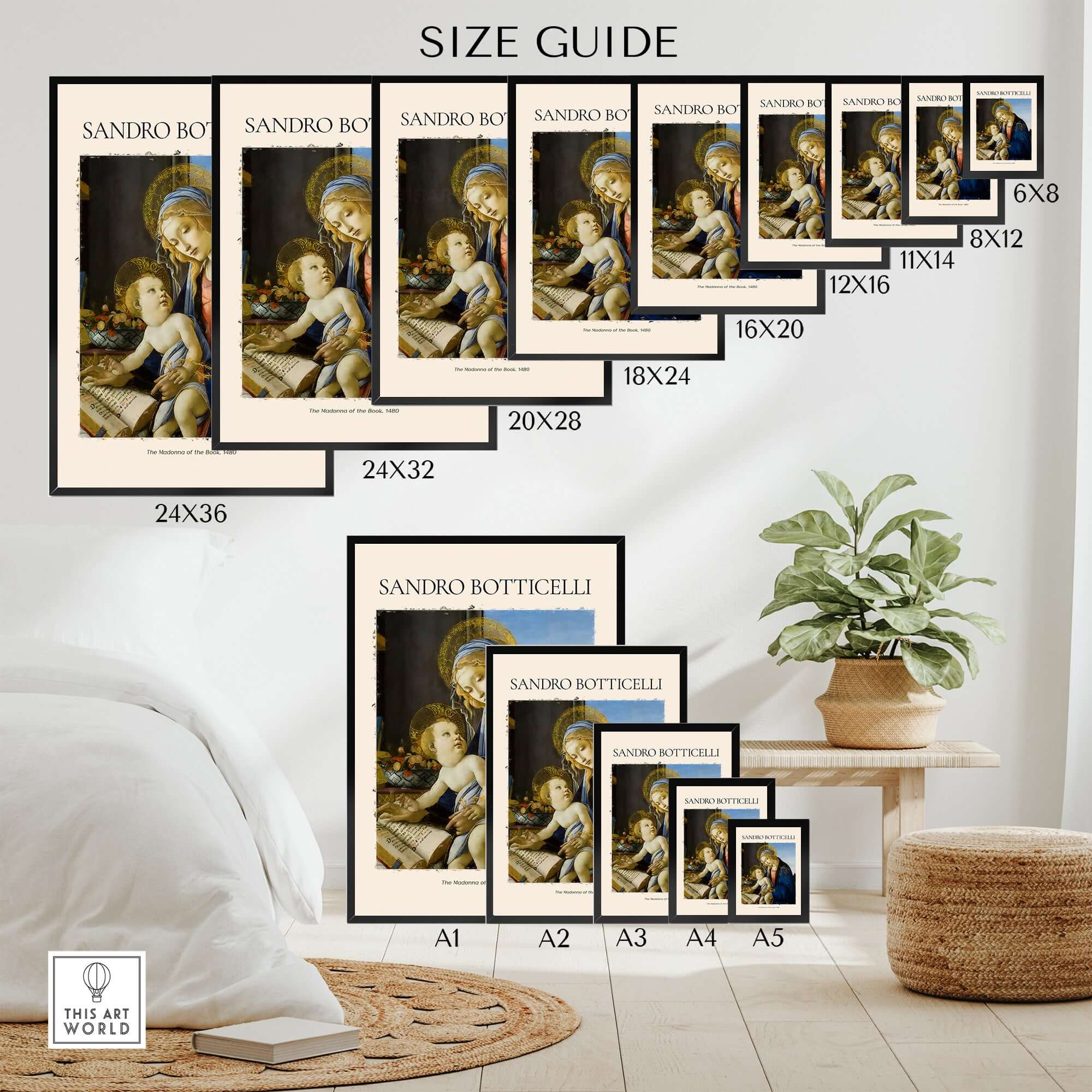 Botticelli Madonna of the Book Art Print Virgin Mary Child Religious Poster Wall Art size guide with various frame sizes.