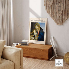 Botticelli Madonna of the Book Art Print Virgin Mary Child Religious Poster Wall Art displayed in a cozy room.