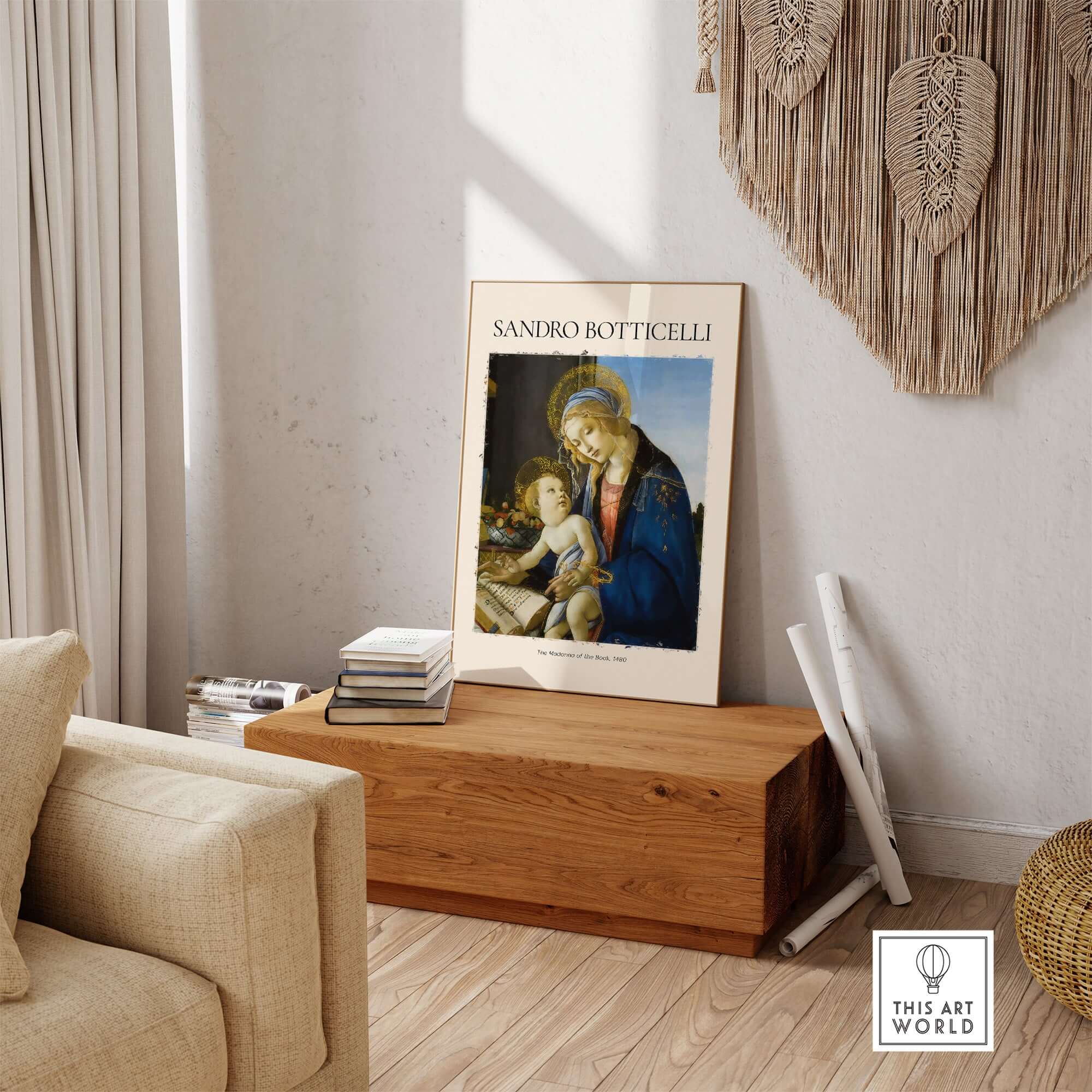 Botticelli Madonna of the Book Art Print Virgin Mary Child Religious Poster Wall Art displayed in a cozy room.
