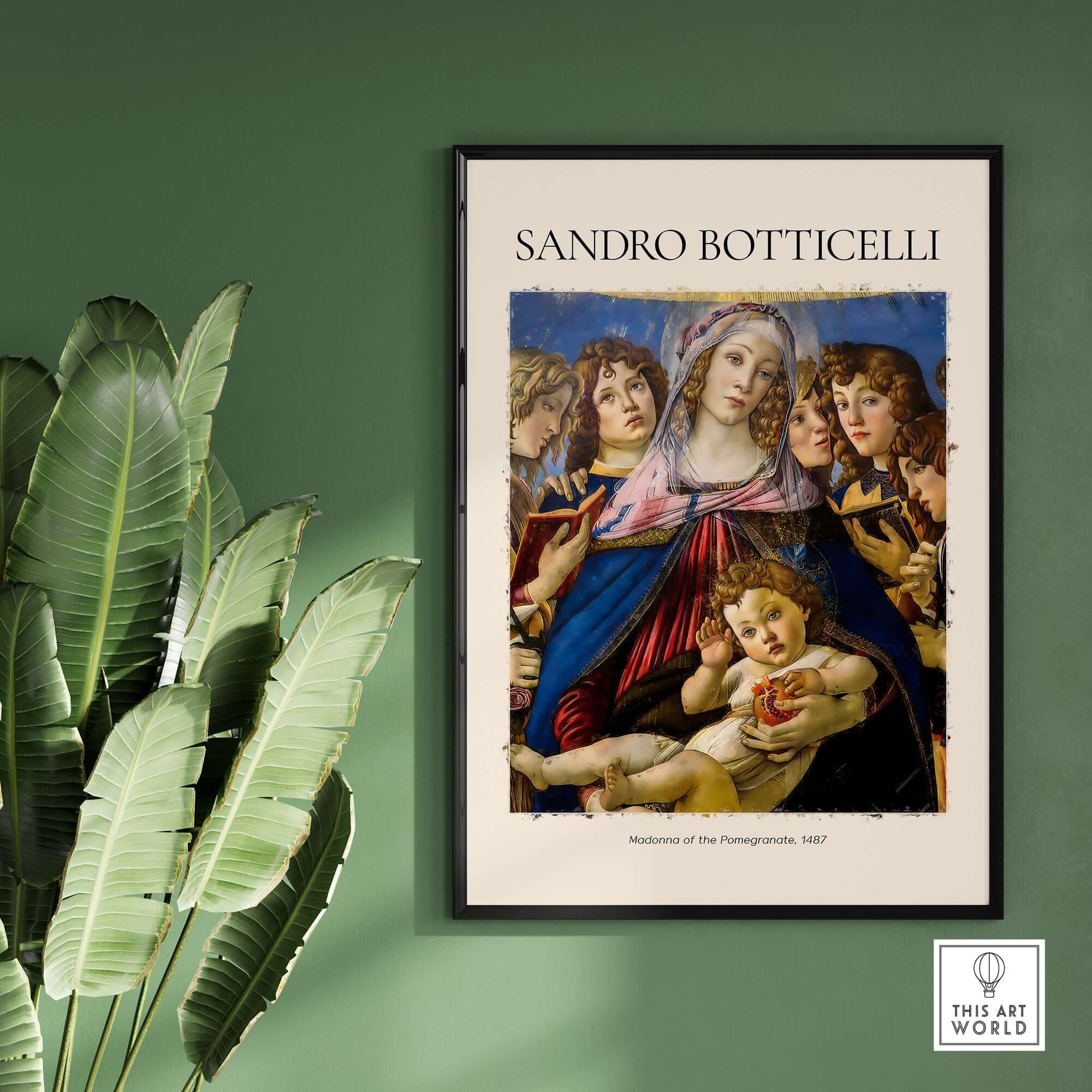 Botticelli Madonna of the Pomegranate Art Print Religious Virgin Mary Child Poster Angels on display.